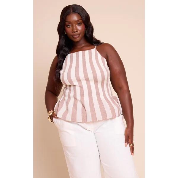 Plus Taupe Stripe Peplum Cami Top