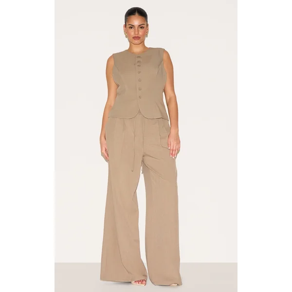 Plus Taupe Tailored Tie Detail Woven Wide Leg Pants
