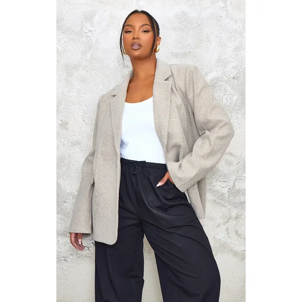 Plus Taupe Wool Look Brushed Tailored Blazer