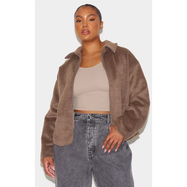 Plus Taupe Wool Look Wide Collar Zip Up Jacket