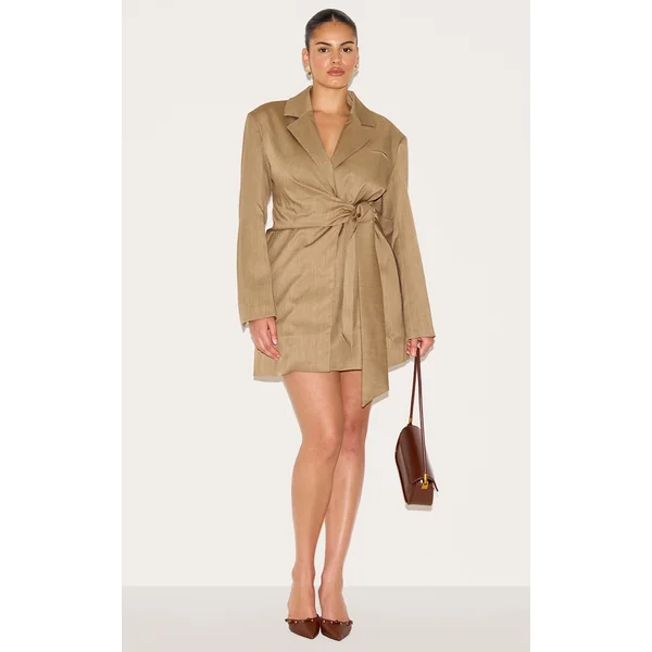 Plus Taupe Woven Blazer Side Tie Mini Dress