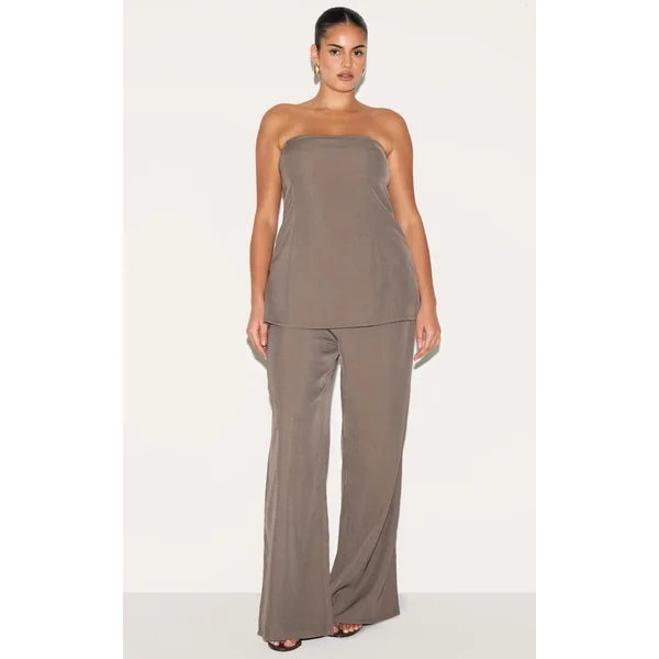 Plus Taupe Woven Tailored Longline Bandeau Flared Jumpsuit