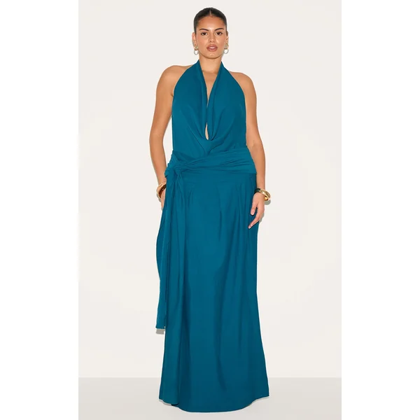 Plus Teal Floaty Woven Cowl Neck Low Back Maxi Dress