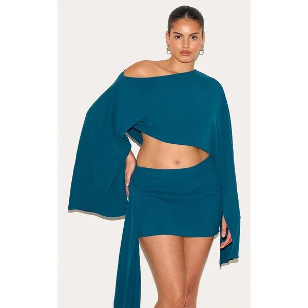 Plus Teal Floaty Woven Slash Neck Long Sleeve Top