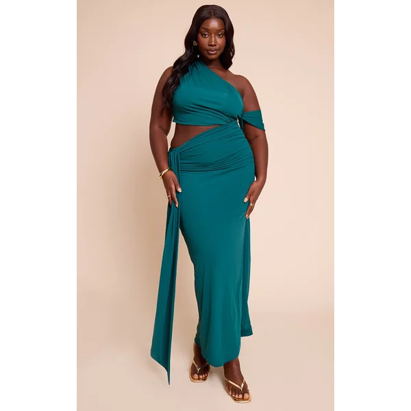 Plus Teal Soft Touch Ruched Asymmetric Cut Out Maxi Dress