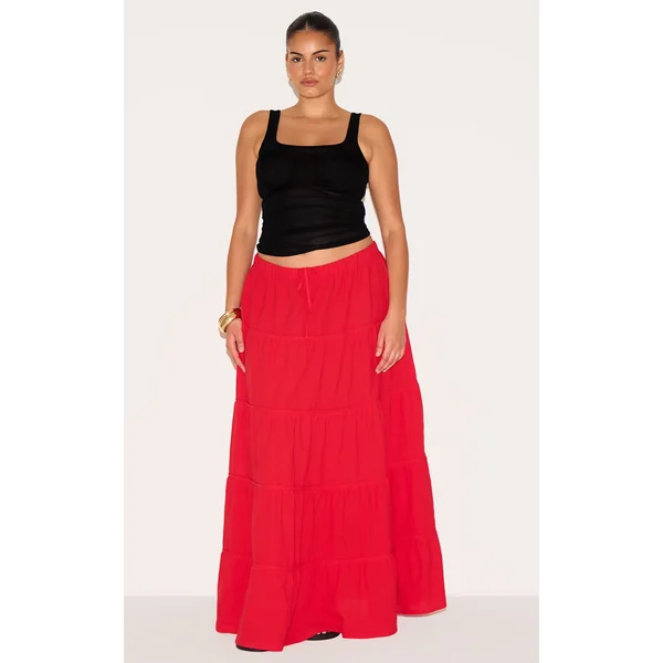 Plus Tomato Red Cotton Tiered Drawstring Waist Maxi Skirt