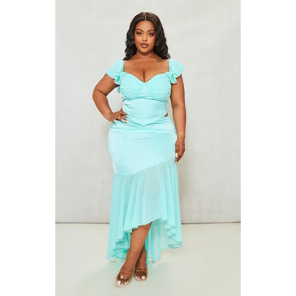 Plus Turquoise Satin Chiffon Hem Midi Skirt