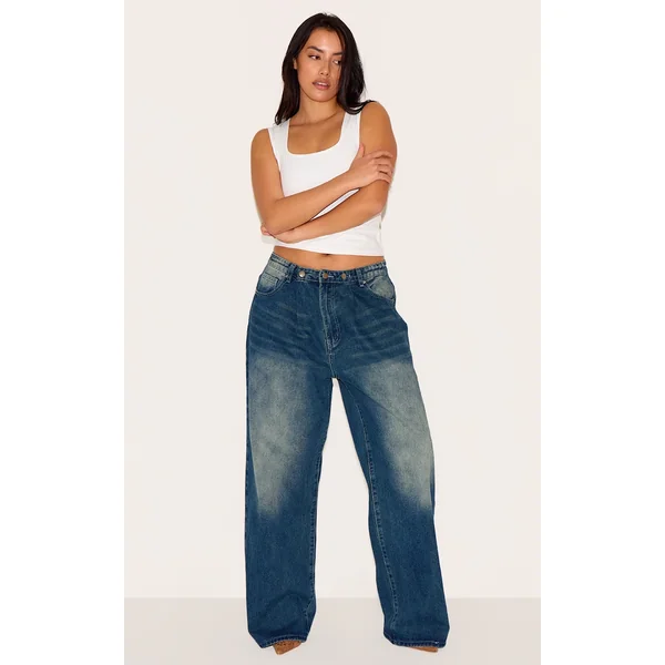 Plus Vintage Wash Button Detail Wide Leg Jeans