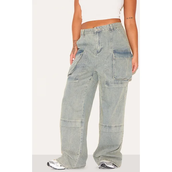 Plus Vintage Wash Cargo Wide Leg Denim Jeans
