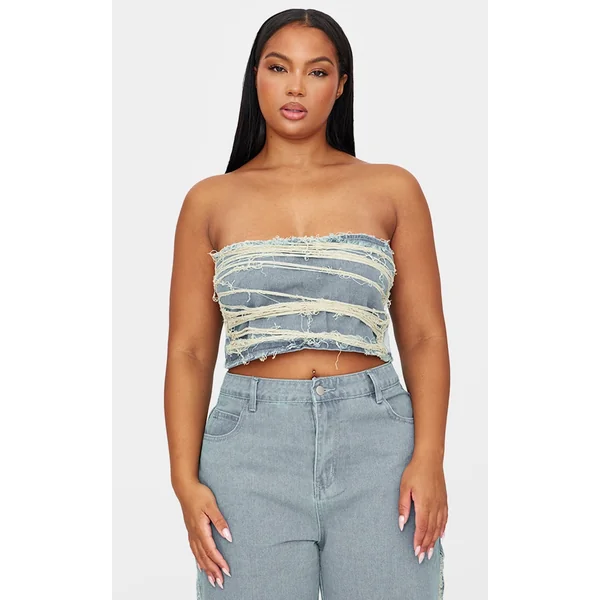 Plus Vintage Wash Extreme Fraying Detail Cropped Denim Corset Top