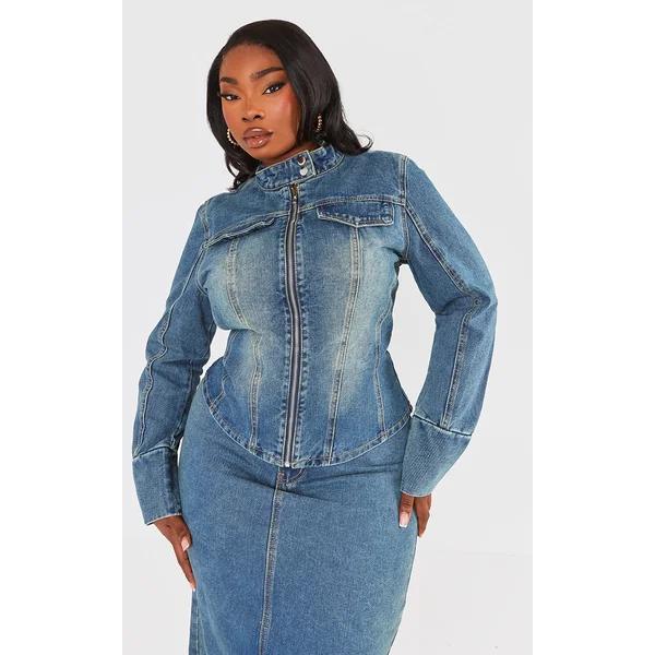 Plus Vintage Wash Zip Up Fitted Denim Jacket