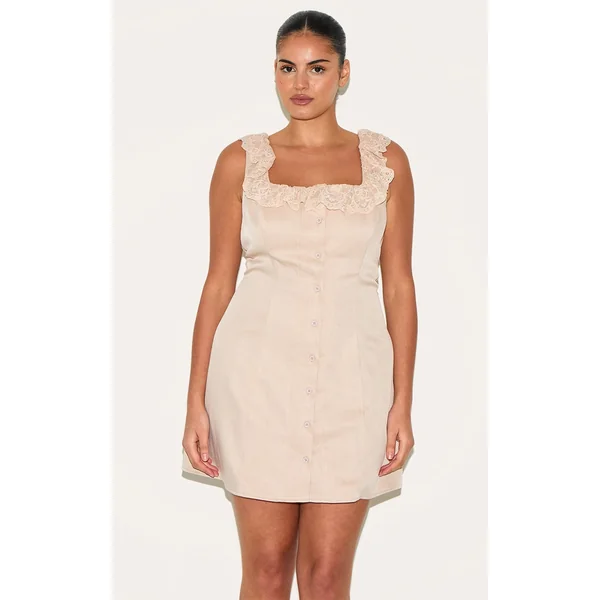 Plus Warm Beige Lace Button Up Trim Corset A-line Dress
