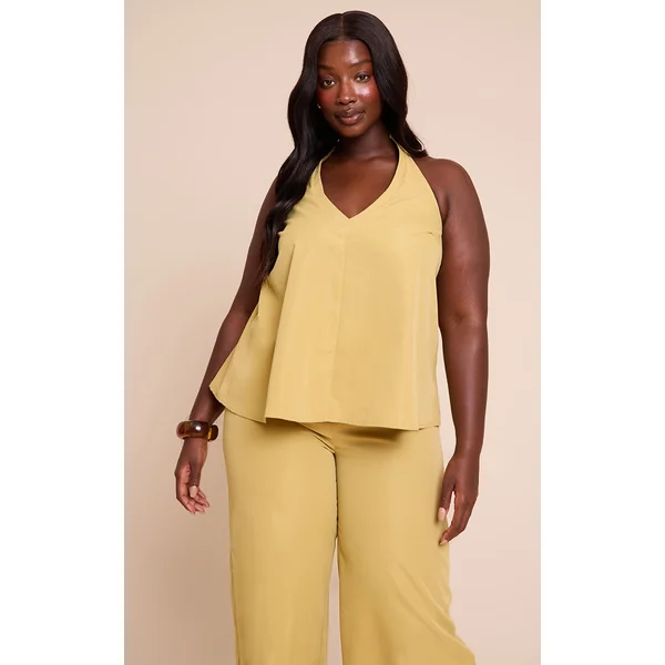 Plus Warm Sand Tailored Halter Frill Detail Top