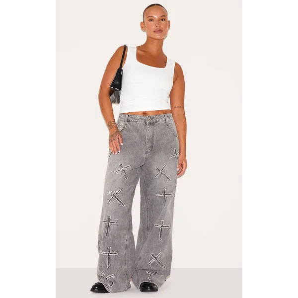 Plus Washed Black Cross Applique Detail Wide Leg Jeans