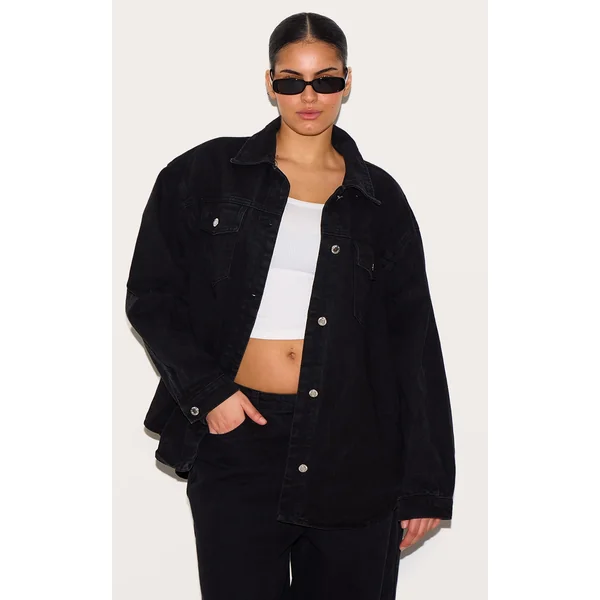 Plus Washed Black Long Sleeve Denim Shirt