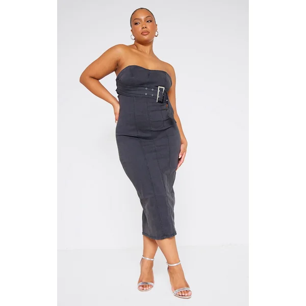 Plus Washed Black Stretch Denim Buckle Detail Bandeau Dress