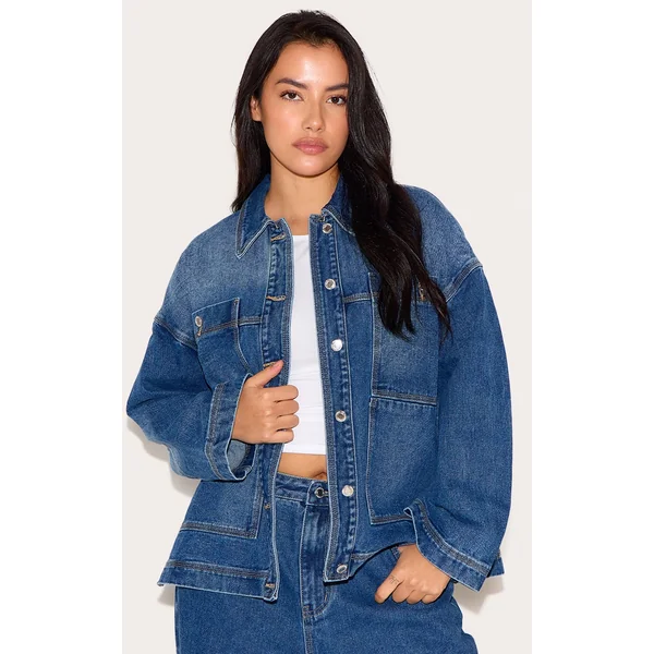 Plus Washed Blue Oversized Denim Pocket Detail Jacket