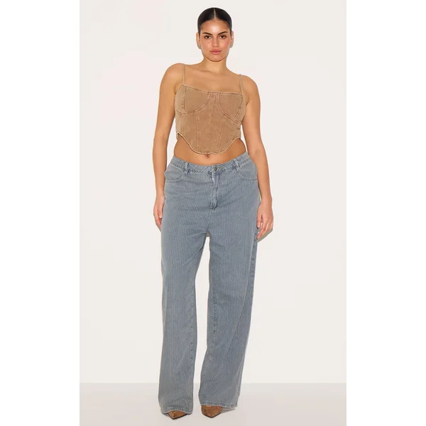 Plus Washed Blue Pinstripe Denim Boyfriend Straight Leg Jeans