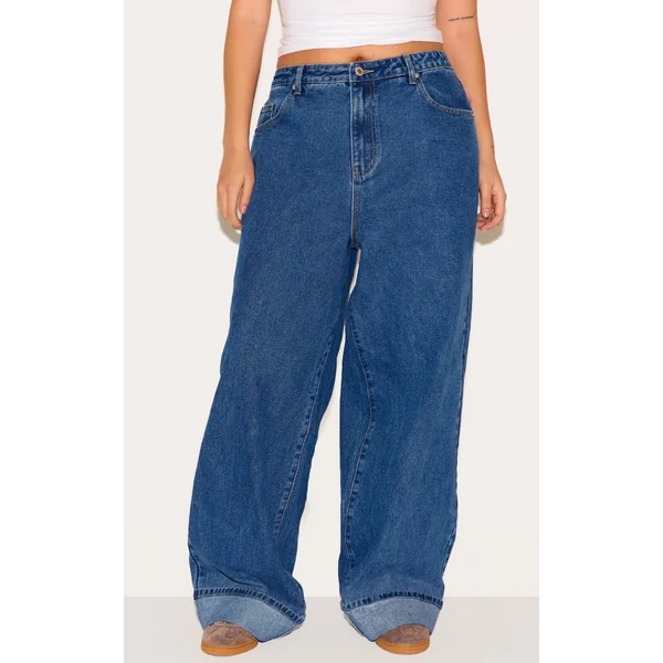 Plus Washed Blue Turn Up Wide Leg Jeans