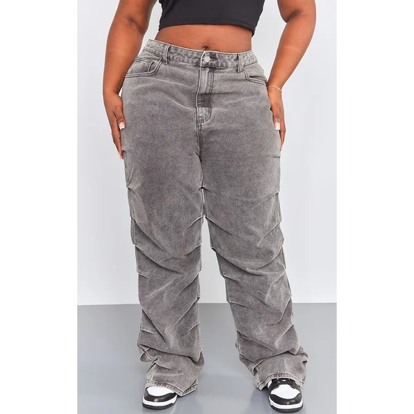 Plus Washed Grey Ruched Straight Leg Denim Jeans