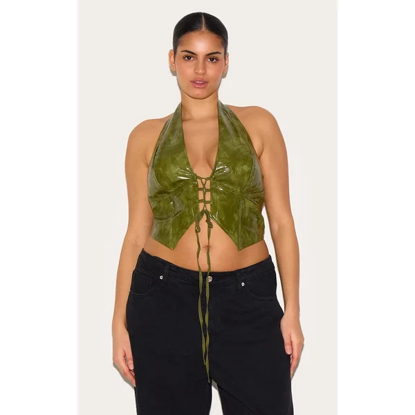 Plus Washed Olive Faux Leather Lace Up Plunge Halterneck Top