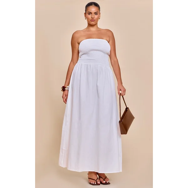 Plus White Bandeau Shirred Detail Maxi Dress