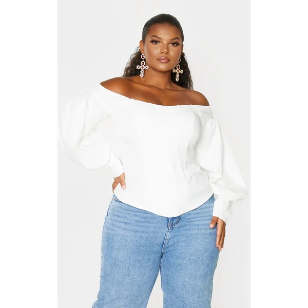 Plus White Bardot Balloon Sleeve Corset Top