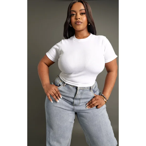 Plus White Basic Rib Short Sleeve Crop Top