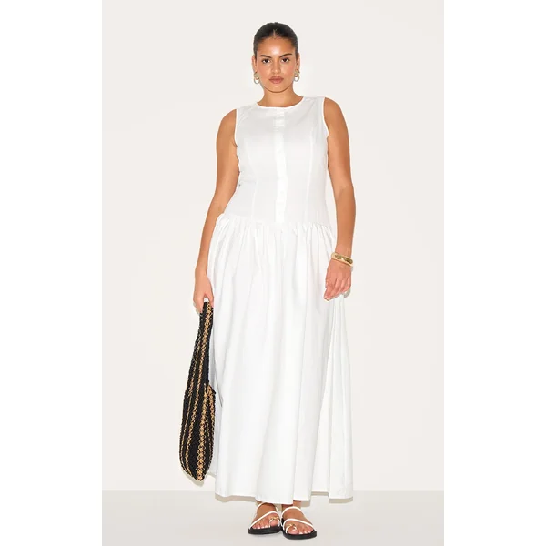 Plus White Button Down Drop Waist Maxi Dress