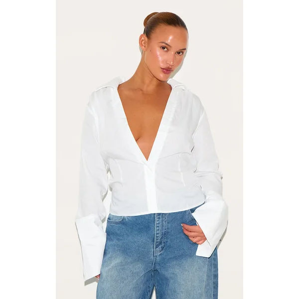 Plus White Cinched Tie Waist Shirt