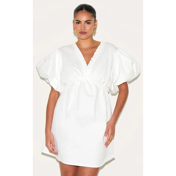Plus White Cotton Gathered A-line Dress