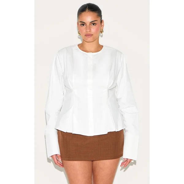 Plus White Cotton Pleat Detail Long Sleeve Shirt