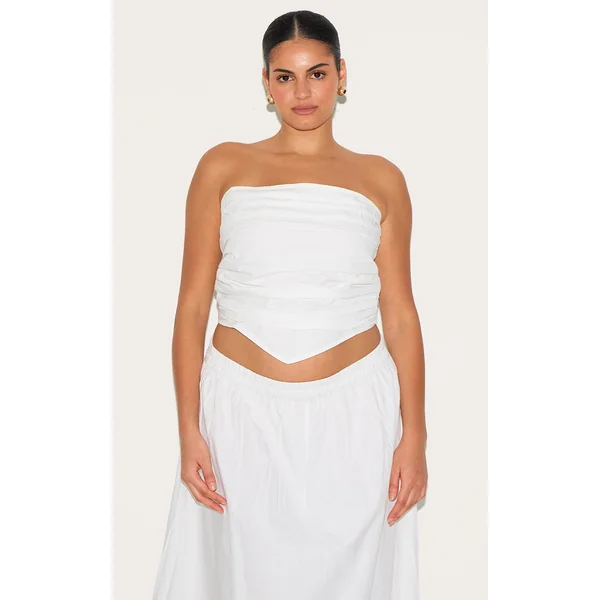 Plus White Cotton Poplin Bandeau Ruched Front Top