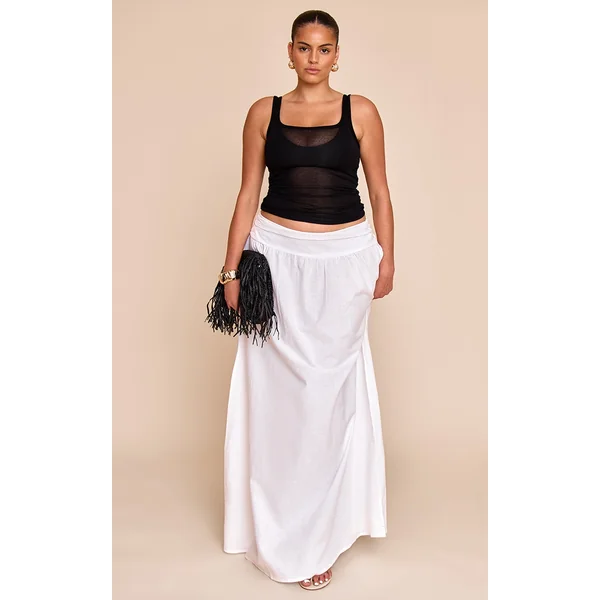 Plus White Cotton Ruched Waist Maxi Skirt