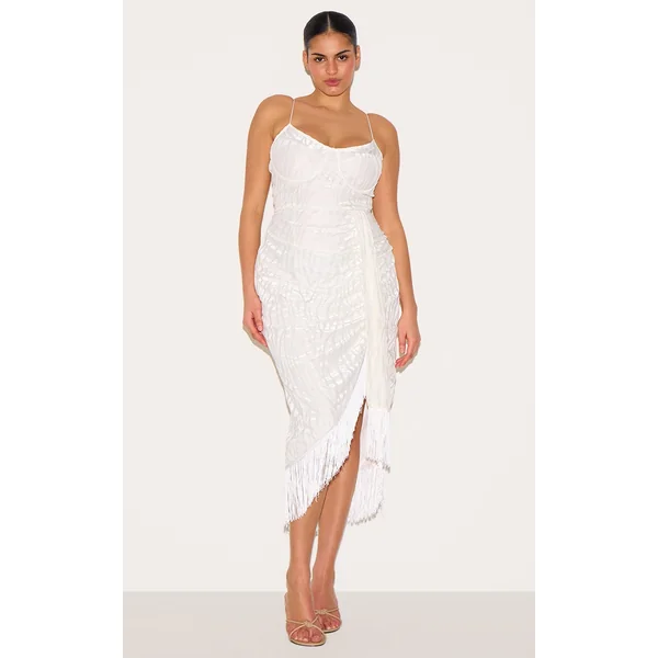 Plus White Devore Tassel Detail Underwired Draped Midi Dress