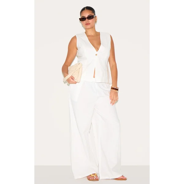 Plus White Elasticated Waist Straight Leg Pants