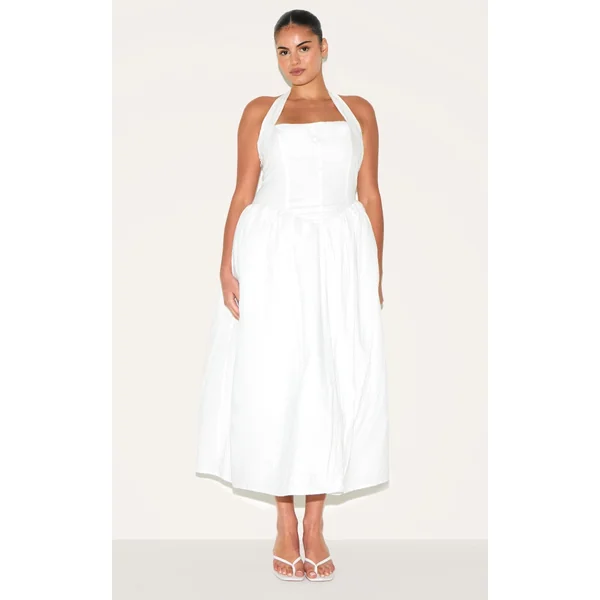 Plus White Embroidered Cotton Halterneck Midaxi Dress