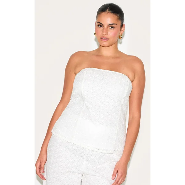 Plus White Embroidered Linen Bandeau Top