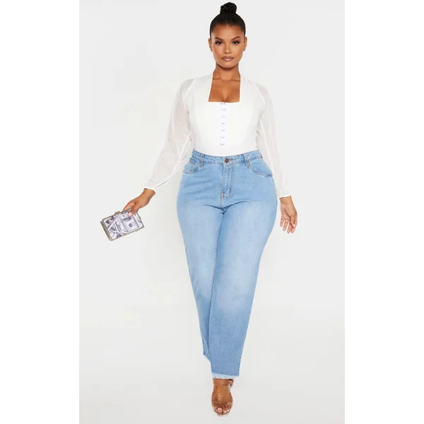 Plus White Eyelet Detail Mesh Sleeve Bodysuit