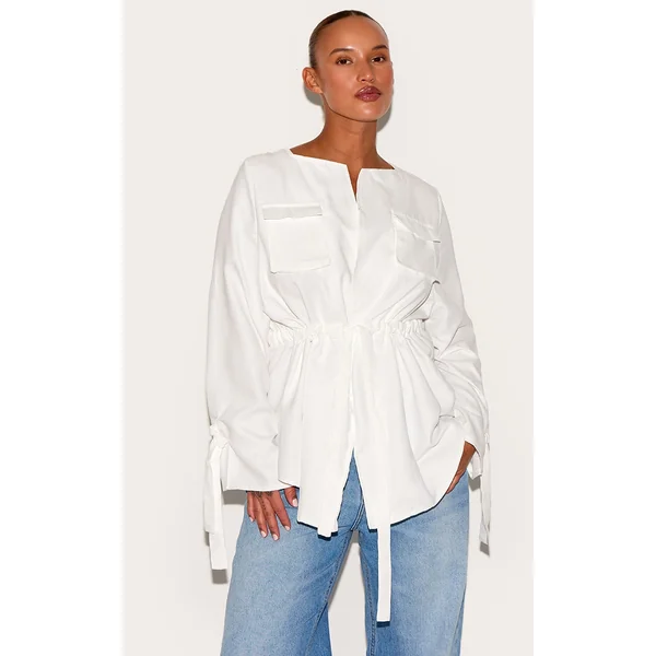 Plus White Faux Suede Cargo Ruched Waist Shirt