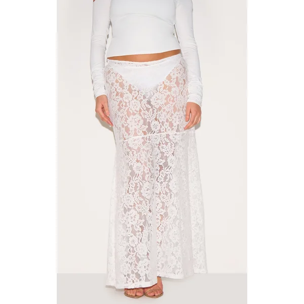 Plus White Floral Lace Sheer Maxi Skirt