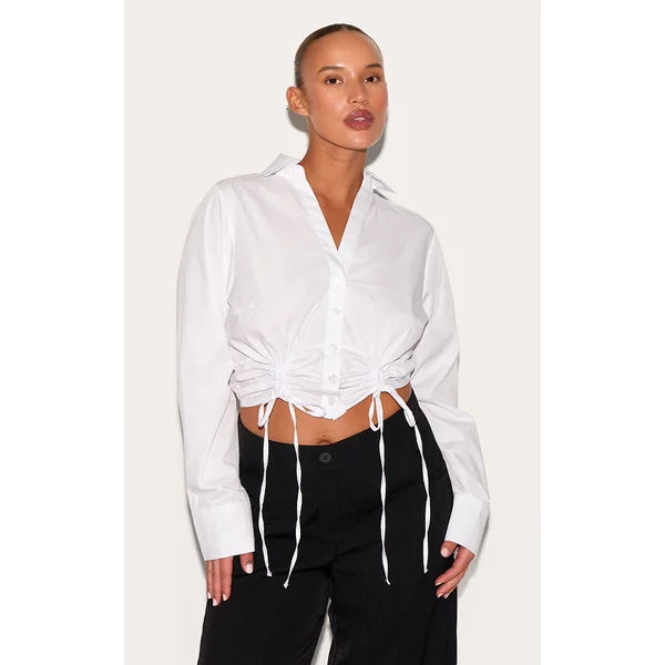 Plus White Gathered Tie Detail Long Sleeve Cropped Shirt