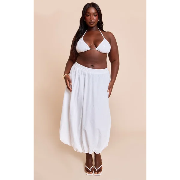 Plus White Linen Puffball Maxi Skirt