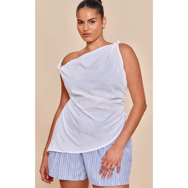 Plus White Linen Slash Neck Asymmetric Sleeveless Top