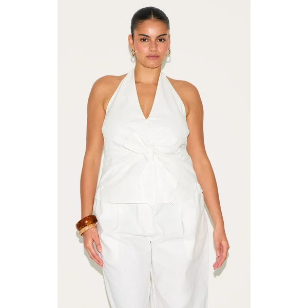 Plus White Linen Twist Front Halter Neck Top