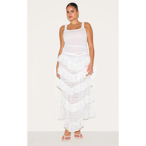 Plus White Premium Lace Tiered Floaty Maxi Skirt