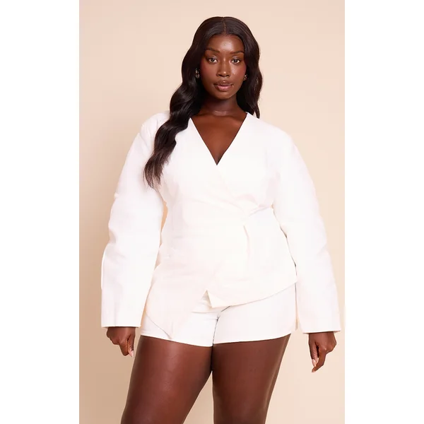 Plus White Premium Linen Tailored Cocoon Sleeve Cinched Blazer