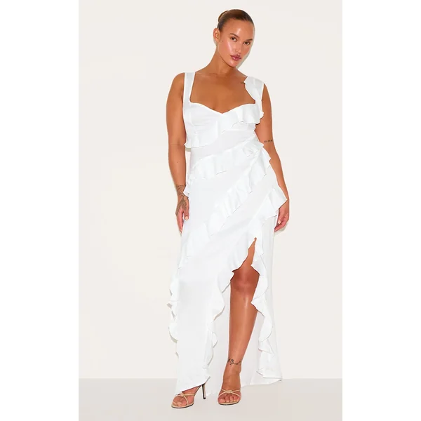 Plus White Satin Frill Layered Maxi Dress