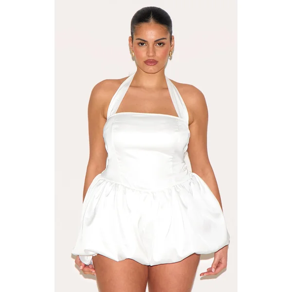Plus White Satin Halter Neck Puffball Romper