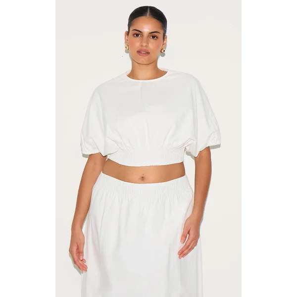 Plus White Shirred Waist Cap Sleeve Crop Top